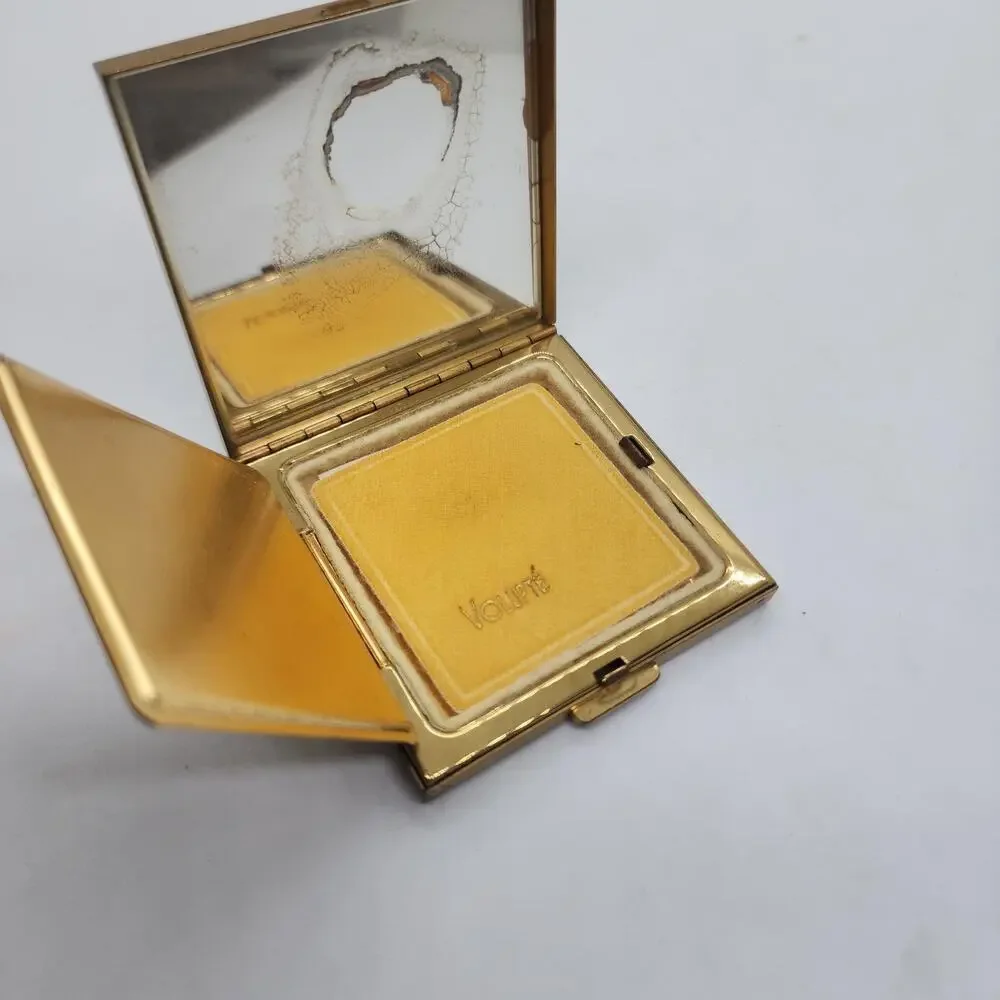 Vintage Volupte Black Gold Scroll Powder Compact Mirror Puff Unused Orig Card